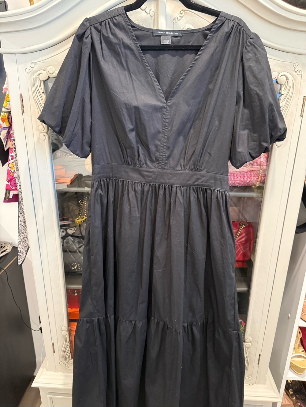 French Connection Black V-Neck Tiered Midi Dress